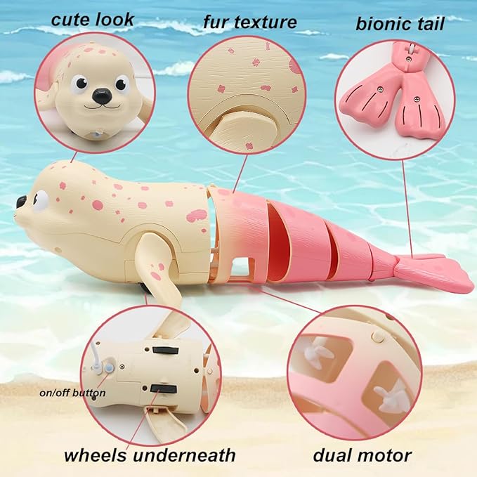 Pool Toys Amphibious Remote Control Seal on Land Water 2.4Ghz Rechargeable Battery Remote Control Shark for Pool Robot Toys for Kids 8-12 Years Old Boys Girls 8,9,10 Upgrade Version Pink