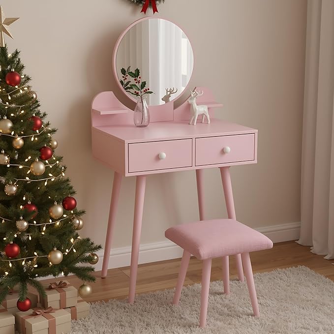 Arlopu Kids Vanity Table and Chair Set, 2 in 1 Toddler Makeup Dressing Desk with Detachable Large Mirror and Stool, Drawers, Princess Wooden Pretend Play Toys for Little Girls (Pink)