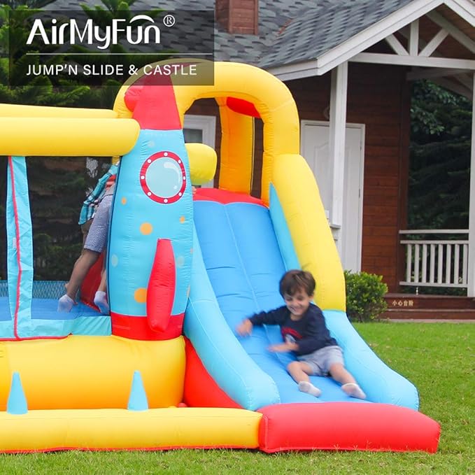 AirMyFun Inflatable Bounce House,Bouncy Castle with Air Blower,Play House with Ball Pit,Inflatable Kids Slide,Jumping Castle with Carry Bag(Rocket Theme)