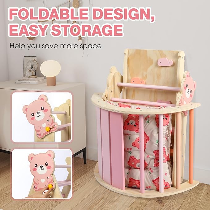 Pikler Triangle Set with Cushion, 7 in 1 Climbing Toys for Toddlers Inside, Montessori Foldable Climbing Set, Wooden Climbing Toys Indoor with Arch, Ramp and Ladder(Bear)