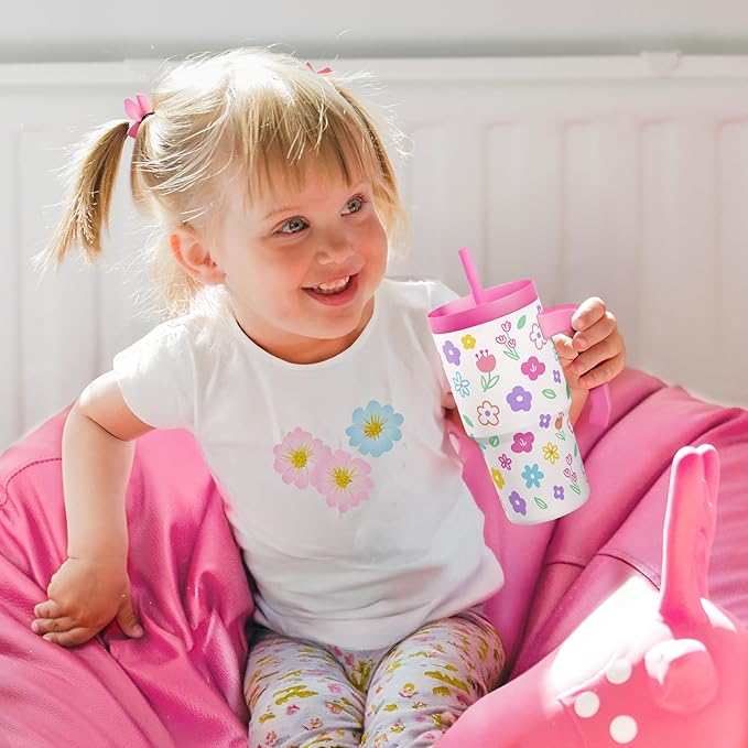 Floral Tumbler 20oz with Handle and Silicone Straw Lid for Kid, Insulated Stainless Steel Cup, Gift for Kids Girls, Gifts Idea for Birthday Christmas Back to School