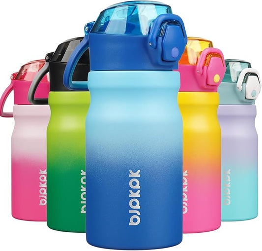 BJPKPK 14oz Insulated Water Bottle with Straw Stainless Steel Double Wall Water Bottles BPA Free Leak Proof Thermal Flask with Lockable Flip Lid and Soft Silicone Spout,Sky