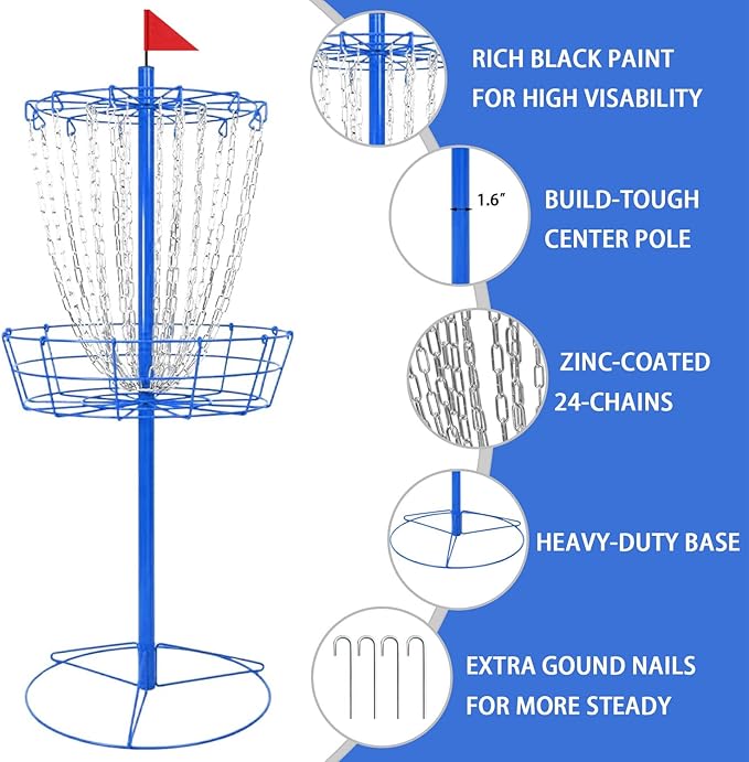 Disc Golf Basket - Portable Disc Golf Target with Heavy Duty 24-Chains Come with 6pcs Disc Golf Discs and Carry Bag, Ground Stake -Suitable for Players of All Levels - Multi Color Available