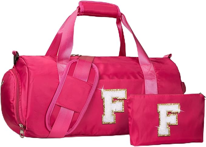 Teenager Girl Gift Ideas, Girls Travel Duffel Bag, Kids Initial Overnight Bags with Shoe Compartment, Customized Sport Gym Weekender Bag with Makeup Pouch, Preppy Stuff (Letter F)