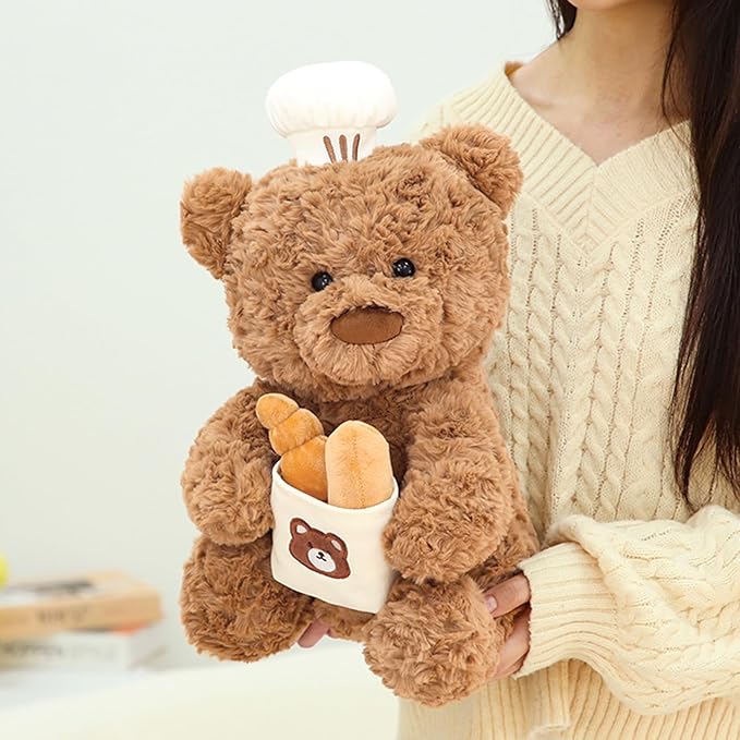 PEACH CAT Chef Teddy Bear Stuffed Animal Holds Toast Bread Bag Cute Bear Plush Soft Plushies Toy Pillow Gifts for Kids Brown 9.8"