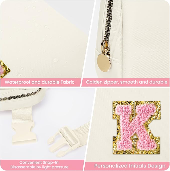 Birthday Gifts for 6 7 8 9 10 11 12 13 Year Old Girls, Fanny Pack Belt Bag Crossbody Bags for Women Girls Kids, Small Initial Letter Waist Packs Cute Teen Trendy Stuff Travel Essentials (Beige, K)