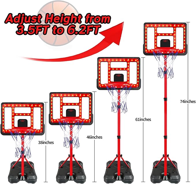 Kids Basketball Hoop Adjustable Height 3.5FT-6.2FT, Indoor & Outdoor Toddler Basketball Hoop with Scoreboard & LED, Boys Basketball Toy for 3 4 5 6 7 8 Years Gift, Portable Basketball Goals Sport Game