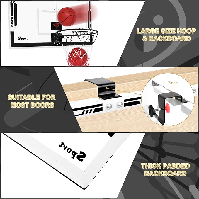 Large Basketball Hoop Indoor, 24" x 16" Mini Basketball Hoop for Kids, Over The Door Basketball Hoop with Scoreboard, Balls & Pump, Sport Toys for Teens Adults Boys Girls Office Bedroom