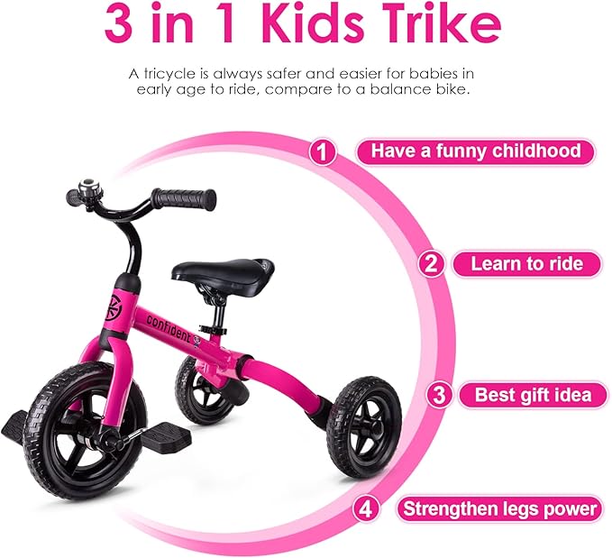 YGJT 3 in 1 Tricycle for Toddlers Age 2-5 Years Old, Folding Kids Balance Bike with Adjustable Seat and Removable Pedal, Toddler Bike Ride-on Toys for Infant, Gifts for Baby Boys Girls Birthday(Pink)