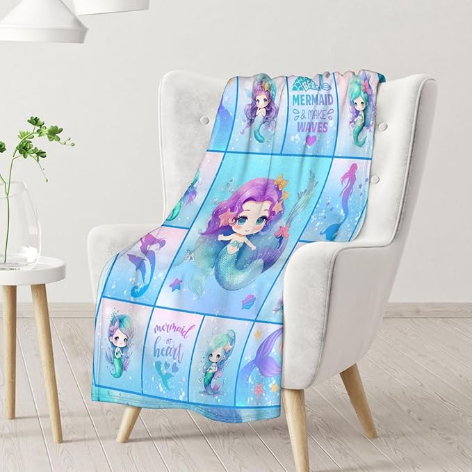 Mermaid Blanket - Soft, Fuzzy & Warm - 40"x50" Small Blanket for Couch, Sofa - Blue Cute Throw Gifts for Girls