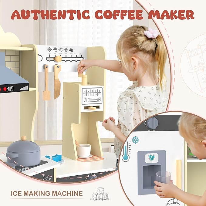 ANPABO Play Kitchen for Kids, Wooden Kids Kitchen Playset for Toddlers with Lights & Sounds, Pretend Play Toys with Coffee & Ice Maker, 30Pcs Toy Kitchen Accessories Gift for Boy&Girl (Yellow)