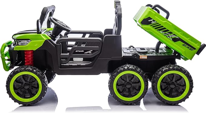 24V UTV 2 Seater Dump Truck with Remote Control, Electric Dump Bed, 4WD Power Ride on Truck Cars 6x6 Wheels, Music, Storage Trunk, Shovel for Kids-Green