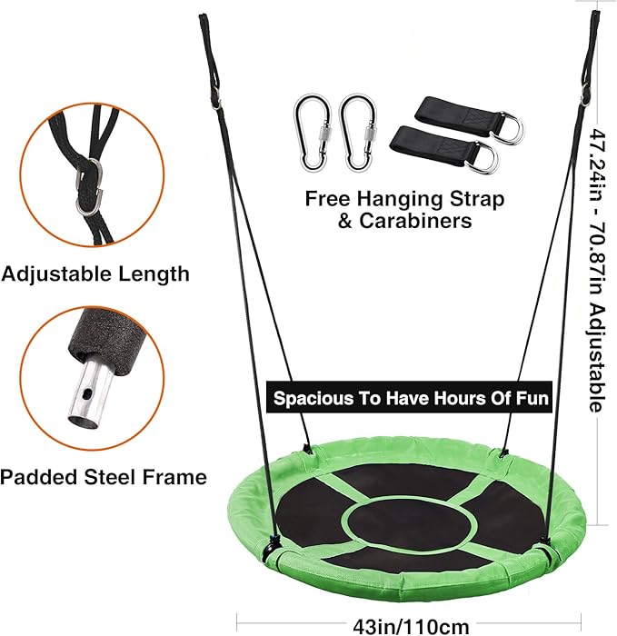 RedSwing 43" Flying Saucer Swing for Kids Outdoor, Large Round Tire Swings for Trees and Swingset, Strong Heavy Duty for Outside Playground, 500LBS Weight Capacity, Green