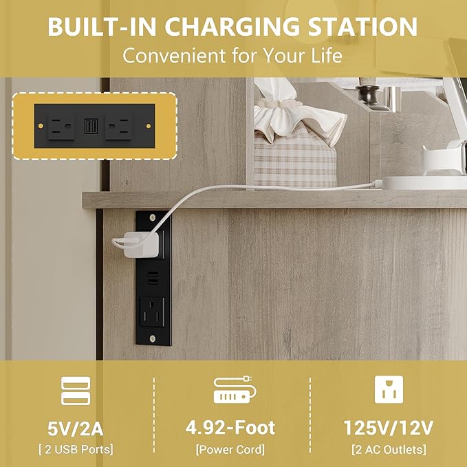 Vanity Makeup Desk with Mirror and Lights, Farmhouse Vanity Table Set with Storage Drawers, Charging Station & Chair, 43" Large Rustic Dressing Table, 3 Lighting Modes for Women Girls Bedroom, Grey