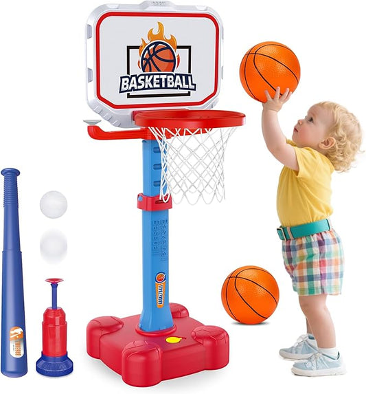 Tsomtto 4 in 1 Kids Basketball Hoop & T Ball Set Indoor Outdoor Toys for Toddlers 1-3 Adjustable Toddler Pool Basketball Hoop Goal Sports Outside Play Toys for 1 2 Year Old Boys Girls Birthday Gifts