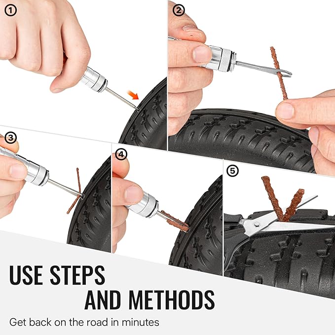 BWSHLF Tubeless Bike Tire Repair Kit for Mountain Bikes & Road Bicycles, Tubeless Tire Plug Kit with Storage Canister, Reamer, Insertion Fork, 10 Bacon Strips, Fix a Puncture or Flat, No Glue Needed