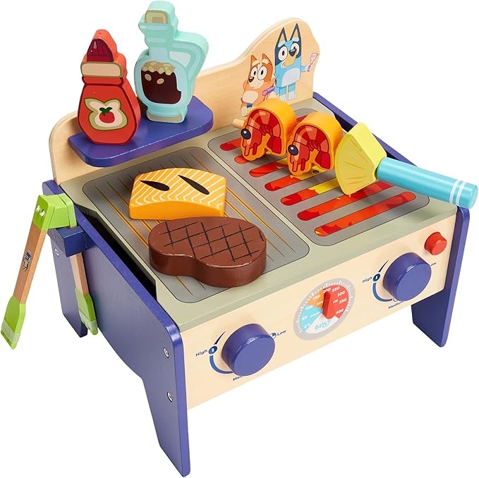 Bluey – Wooden BBQ and Salad Set, 33-Piece Colorful Playset with Tongs and Food Pieces – Realistic Role-Play & Imaginative Fun for Ages 3 Years and Up