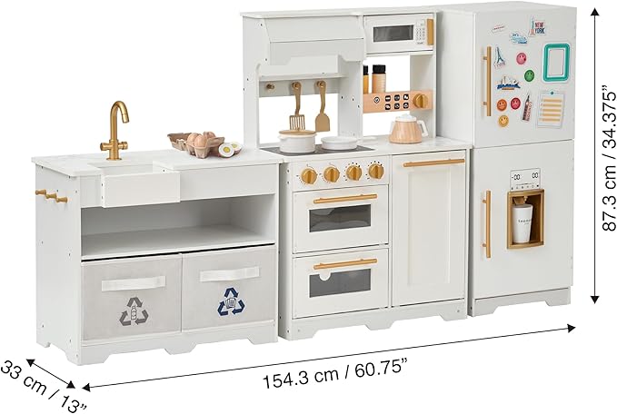 Teamson Kids Little Chef Atlanta Large Modular Wooden Play Kitchen with Interactive, Realistic Features, and 17 Kitchen Accessories, for 3yrs and up, White/Gold