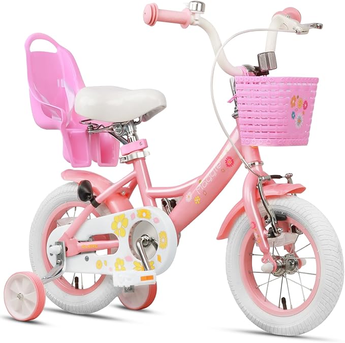 Glerc Maggie Girls Bike, 12-20 Inch Kids Bike for 2-13 Years Old Children, Princess Style Kids Bicycle with Doll-Seat & Basket & Training Wheels, Multiple Colors