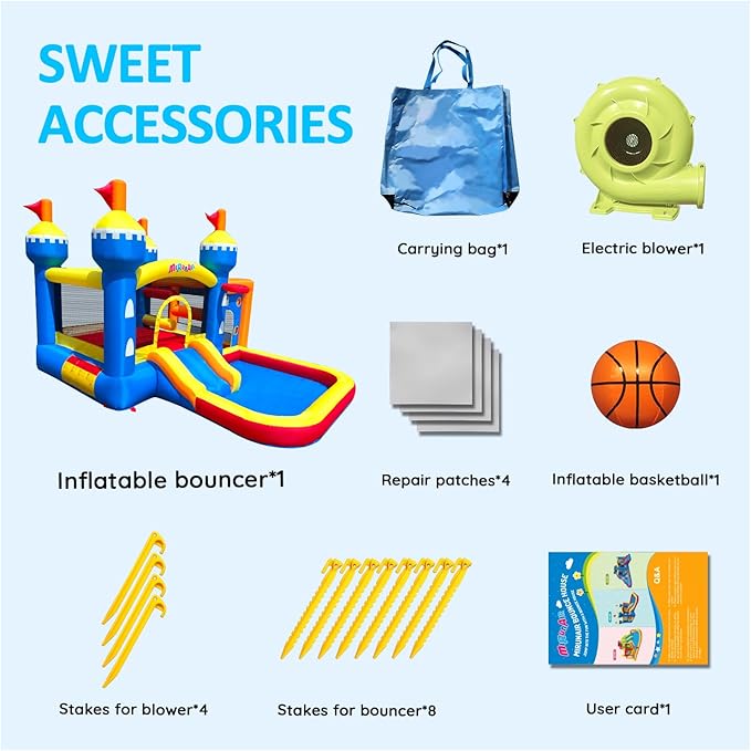 Inflatable Bounce House, Bouncy House for Kids 3-10 Ages, Jumping Castle with Air Blower,Carry Bag, Ball Pit, Basketball Hoop, Slide