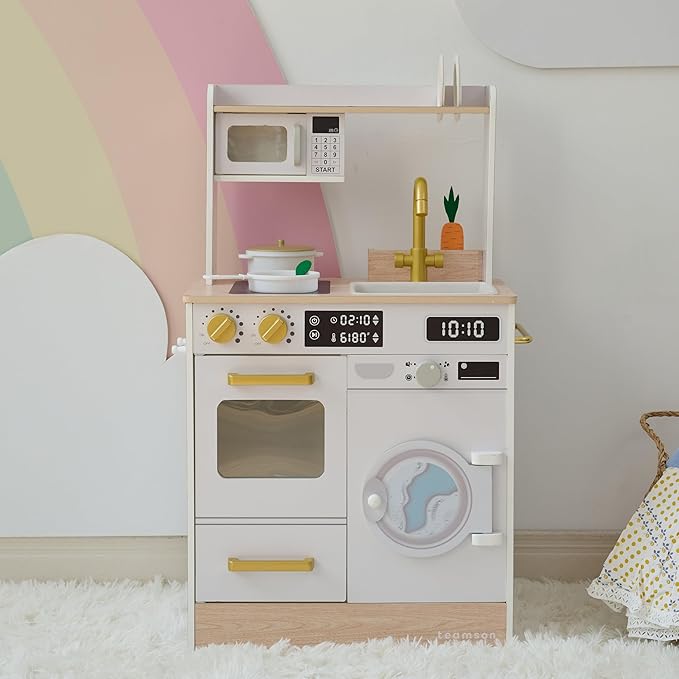 Teamson Kids Little Chef Lake Tahoe Smart Play Kitchen with Washing Machine, Oven, Microwave & Ample Storage, Neat & Compact Healthy Play for Age 3+, White