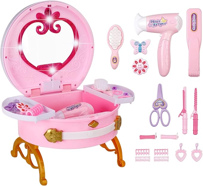 Portable Princess Vanity with Real Mirror, Toddler Makeup Vanity & Styling Tools, Lights and Sounds, Girls Toys Gifts for 3-12 Year Old Kids Birthday Gift