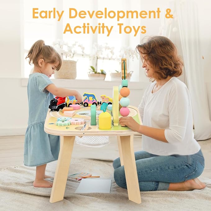 wingyz 9-in-1 Activity Table for 1 Year Old Toddler, Multi-Colorful Wooden Montessori Toys, Baby Play Table with Bead Maze Shape Sorter Train Toy, Educational Gifts for 12 Months+ Kids Boys Girls