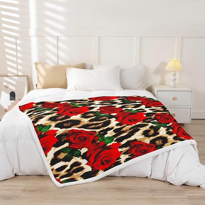 Leopard Print Fleece Throw Blanket Rose Flower Plush Blanket for Couch Bed Sofa Room Decor Red Floral Petal Pattern Sherpa Blanket Branches Green Leaf Cheetah Print Flannel Blanket Throw 50x60 Inch