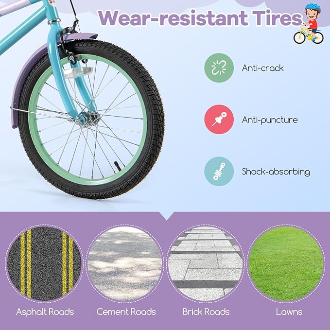 BABY JOY Colorful Macarons Kids Bike, 12 14 16 18 Inch Sporty Children's Bicycle with Training Wheels, Adjustable Handlebar & Saddle, Handbrake & Coaster Brake, Boys Girls Bike for 3-8 Years Old