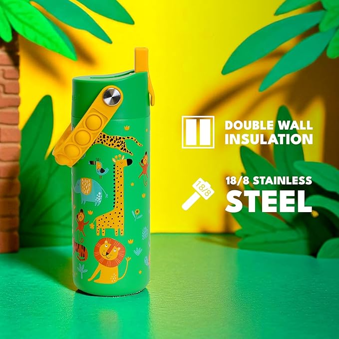 Elemental Insulated Kids Water Bottle, Stainless Steel Water Bottle with Straw Lid & Pop-It Handle, Leak-Proof Water Bottles for School, Boys or Girls, Travelling and Sports, 18oz - Green Jungle