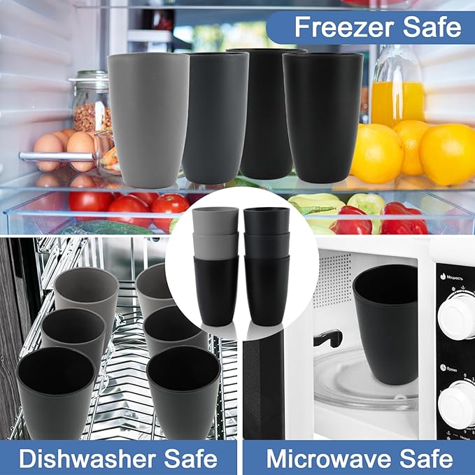 Wheat Straw Cups 20 OZ Set of 6, Unbreakable Drinking Cup Reusable, Alternative to Plastic Cups Reusable, Kitchen Water Tumblers Dishwasher and Microwave Safe (Black, Grey)
