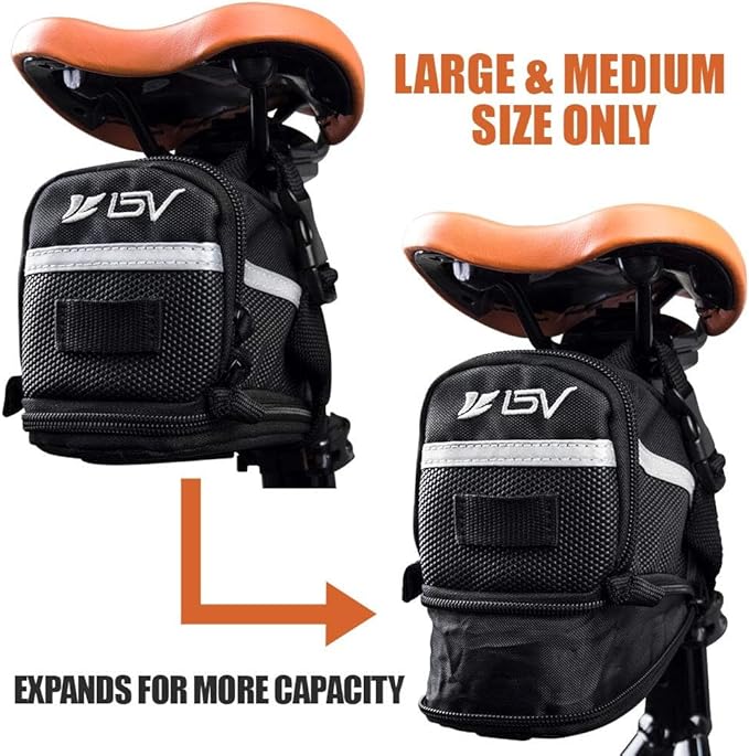 BV Strap-On Bike Bag with Reflective Material - Capacious Saddle Bag with Seperate Divider for Small Items & Room for All Your Essentials - Bike Pouch with Taillight Hanger for Maximum Safety