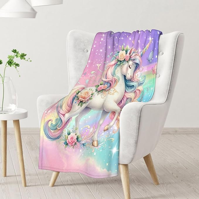 Unicorn Blanket for Girls, 50 x 60 Inches Throw Size Teens Blanket - Soft Fuzzy Plush Throw Gifts - Aesthetic Colorful Unicorn Gift for Bed Chair