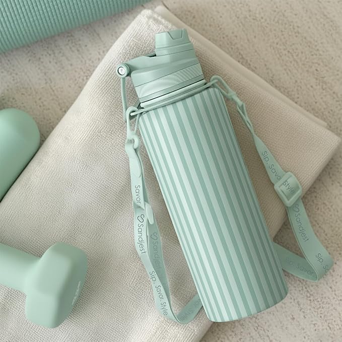 Stripe Stainless Steel Water Bottle with Strap 32oz, Insulated Bottles with Straw and Spout Lid for Gym Sports Travel Outdoor, Gifts for Women Girls Birthday Christmas