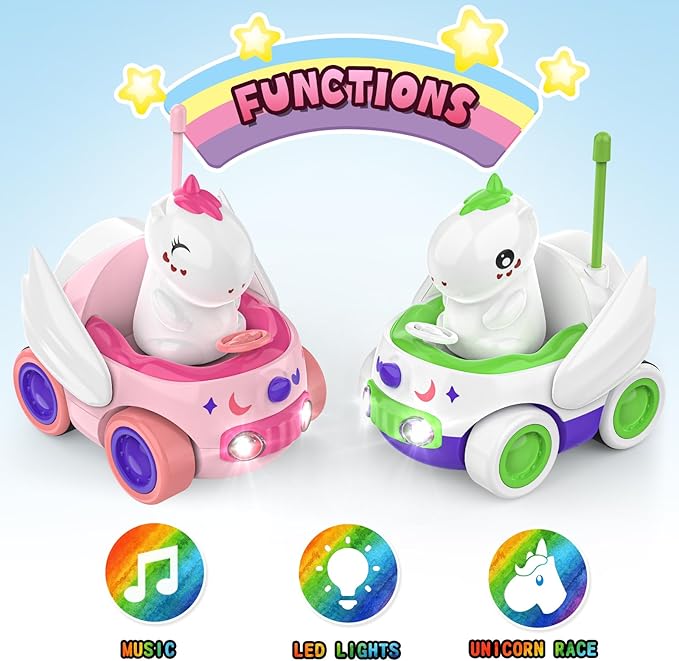 2 Pack Unicorn Remote Control Car for Toddler, Unicorns Gifts for Girls and Boys, Car Toys for Kids with LED Lights and Music, Christmas Birthday Gifts for Baby 2 3 4 5 Year Old