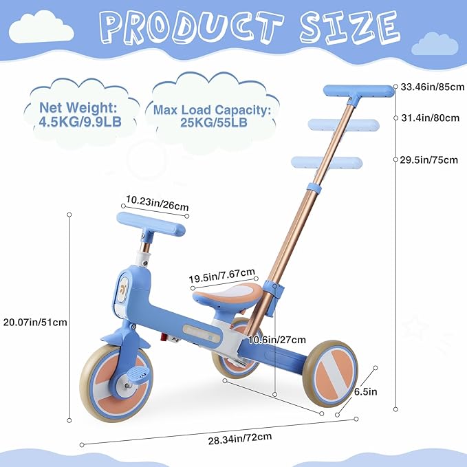 WEEROCK 6 in 1 Toddler Tricycle Folding Kid Tricycles with/Without Parent Steering Push Handle Boys Girls Balance Bike for 1-6 Years Old Toy Gift, Blue