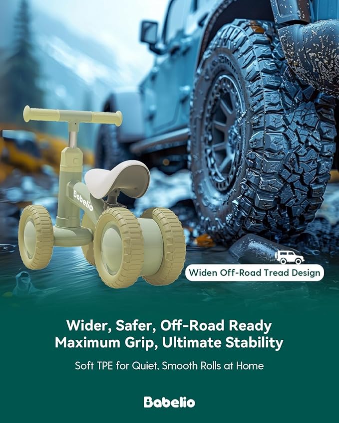 BABELIO Updated Baby Balance Bike for 1 Year Old Boys Girls, 10-36 Month Toddler Balance Bike, 4-Wheel Off-Roader Design, Adjustable Seat & Handlebar - Green