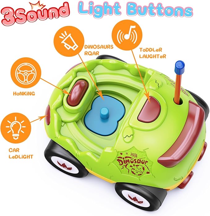 2 Pack Dinosaur Toys Remote Control Cars for Toddlers Ages 2 3 4 5, Christmas Birthday Gifts for 2-5 Year Old Boys, Dinosaur RC Car Toys with Music and Lights (Green Blue)