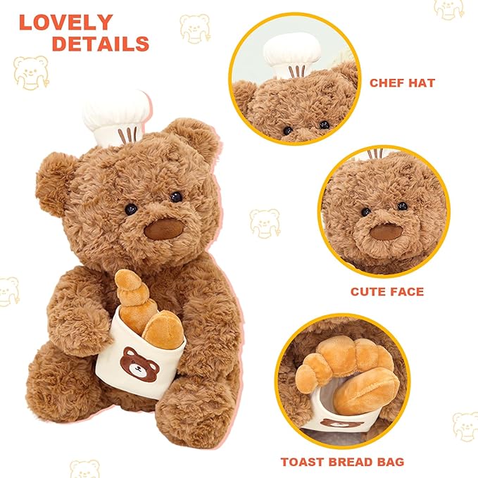 PEACH CAT Chef Teddy Bear Stuffed Animal Holds Toast Bread Bag Cute Bear Plush Soft Plushies Toy Pillow Gifts for Kids Brown 9.8"