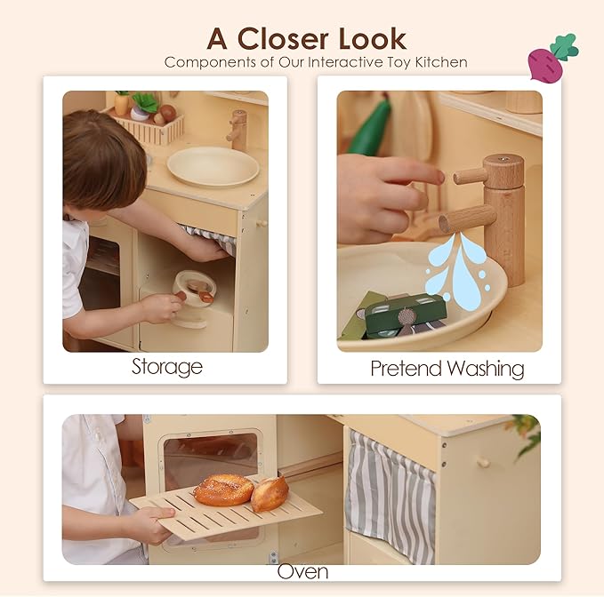 Wooden Play Kitchen for Kids, Realistic Pretend Kitchen Playset with Swivel Faucet & Kitchen Accessories Set for Toddlers Ages 3+