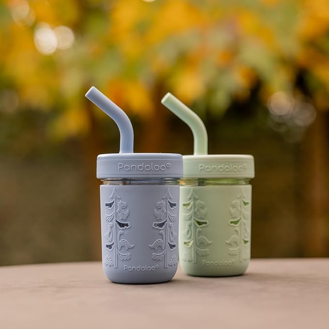 Pandaloo® Mason Jar Toddler Cup - 8 oz Spill-Proof Glass Tumbler with Silicone Straw and Lid, Non-Slip Sleeve, BPA-Free Toddler Snack Cups - Perfect Smoothie Cups with Lids and Straws for Kids
