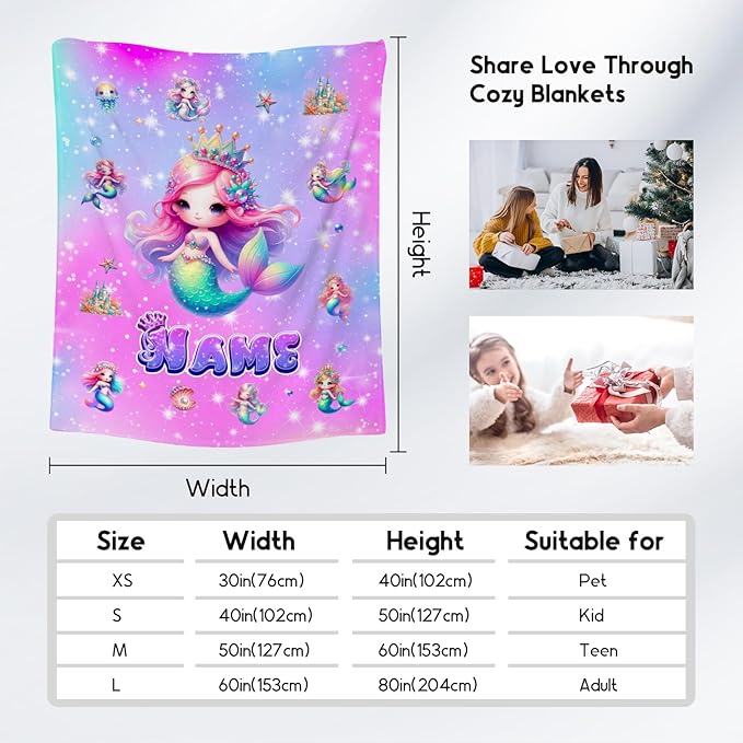 Mermaid Blanket for Girls - Personalized Blankets Gifts for Kids Toddler - Soft Fuzzy Cozy Throws for Sofa, Living Room, 4 Size