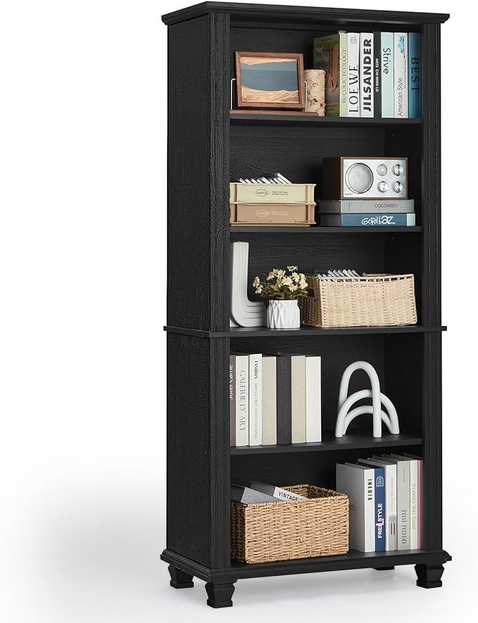 70" Tall Black Bookshelf,5 Tier Wooden Book Shelf with Adjustable Shelves & Wood Legs,Free Standing Farmhouse Bookcase with Open Display Storage,Vintage Bookshelves for Living Room,Office