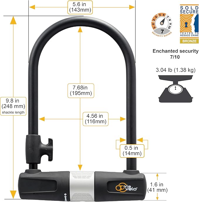 Bike U Lock with Cable - Via Velo Heavy Duty Bicycle U-Lock,14mm Shackle and 10mm x1.8m Cable with Mounting Bracket for Road, Mountain, Electric & Folding Bike