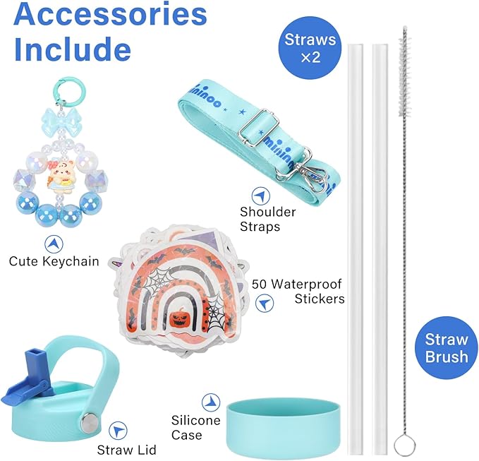 Mininoo Insulated Stainless Steel Kids Water Bottle for School with Straw Lid & Strap, 50 Stickers, 18 oz(Sky/Blue)