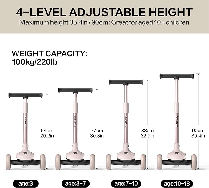 Kids Kick Scooter with Front Wheel Adjustable Steering Angle Control System, 3 Wheel Scooter for Kids Ages 3-18, Max 220 lbs 35.4" T-bar, One-Piece Brake, 3 LED Light Wheels, Scooter for Teens Adults