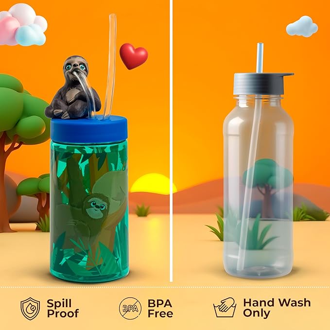 Kids Water Bottle, Toddler Cups, Tumbler with Lid and Straw, Travel Sippy Cup for Water or Milk, Kids Cups with Lids for Toddlers 3 and Up, BPA Free Plastic, 12 oz (Trend Zoo Sloth)