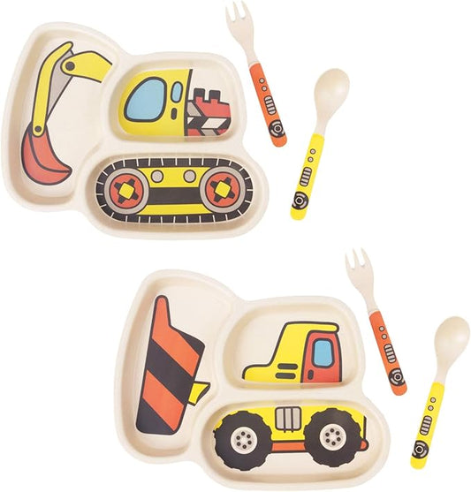 Toddler Plates Dinnerware Dinner Dish Set Baby Feeding Spill Proof Divided Plate - Baby Spoon and Fork 3-Piece Set Teaches Child Portion Control (excavator/bulldozer)