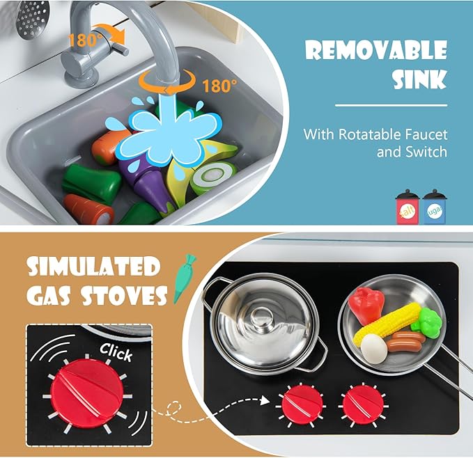 Costzon Kids Kitchen Playset, Wooden Pretend Toddler Kitchen Toy Set w/Sound, Microwave, Oven, Ice Maker, Range Hood, Stoves, Sink & 18 Accessories, Pink Play Kitchen for Girls Ages 3+