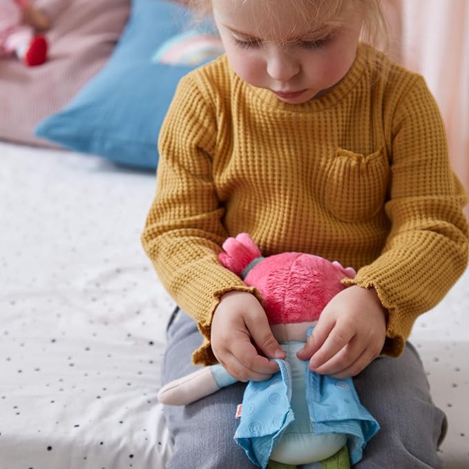 HABA Snug Up Philine - 10" Soft Doll with Embroidered Face, Pink Pigtail and Removable Blue Dress - Machine Washable - Perfect First Doll and Stuffed Cuddle Companion for 18 Months and Up